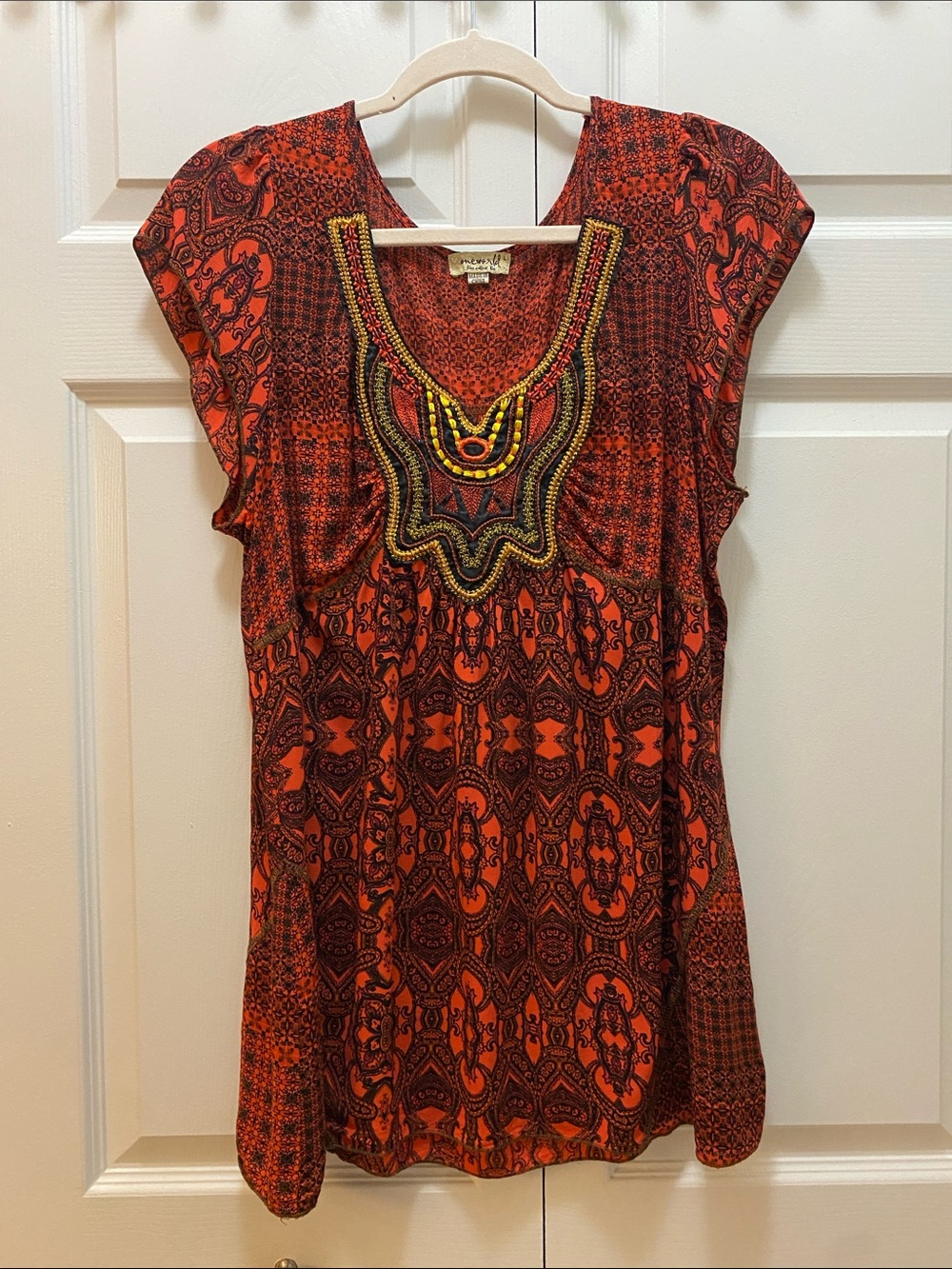 One World Boho Embroidered Orange Patterned Top - Size Large